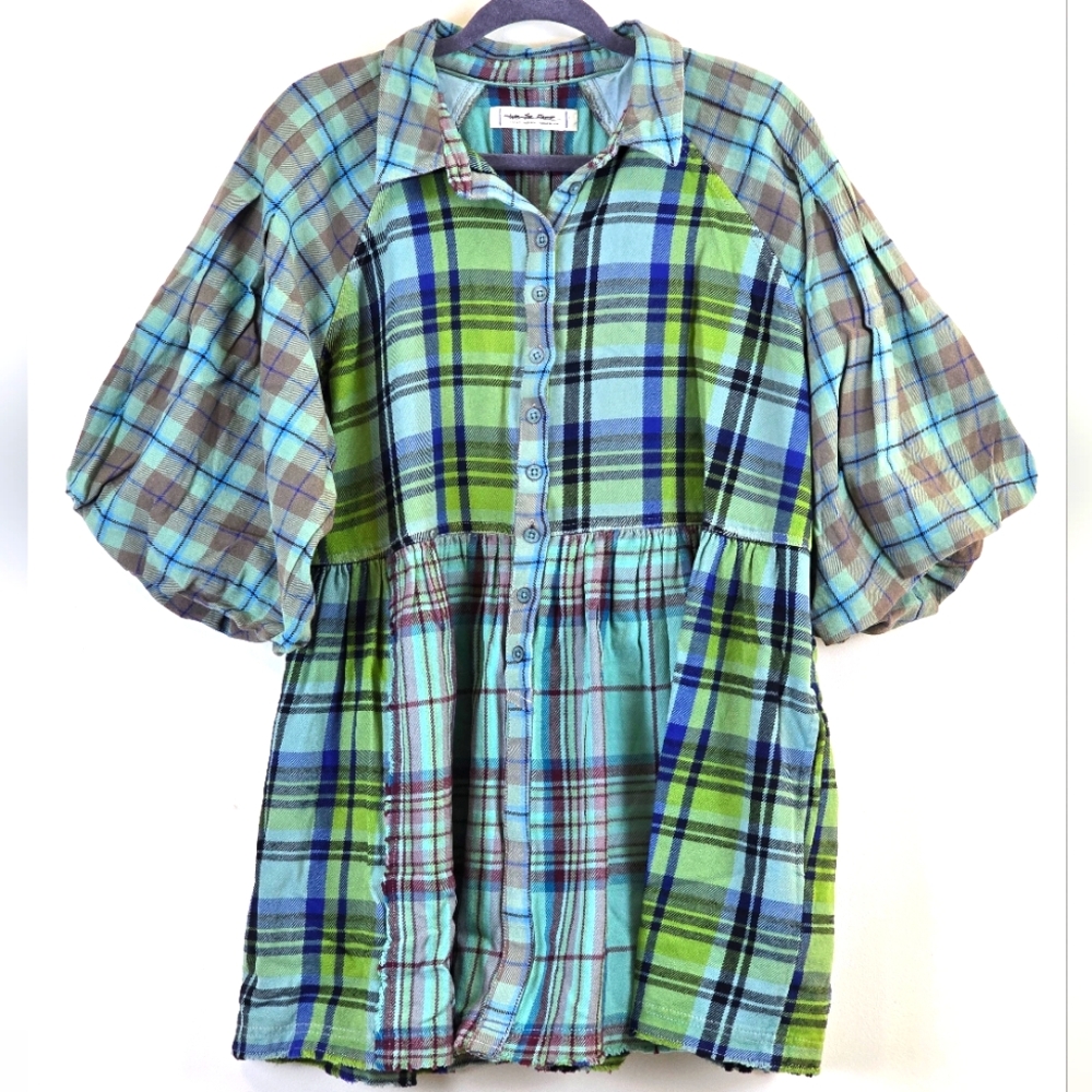 Free People We The Free Moon Bay Mixed Plaid Top Blue